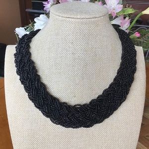 Wide Chunky Black Glass Bead Plaited Necklace